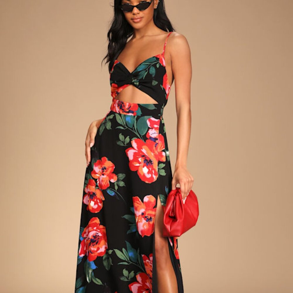 Lulus Tropical Blooms Black Floral Print Tie-back Cutout Dress - Size M